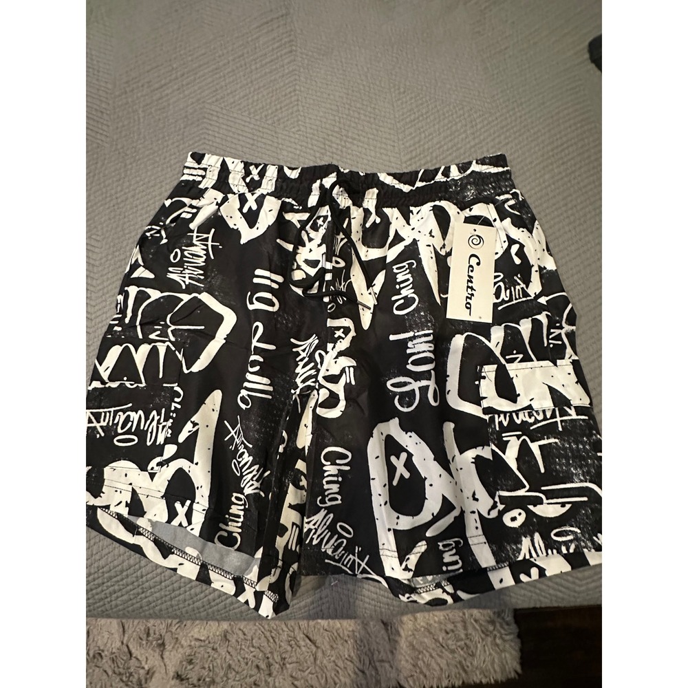 Centro Mens Graffiti Print Swim Trunks Black White Cargo Pocket MS1004 Large NWT